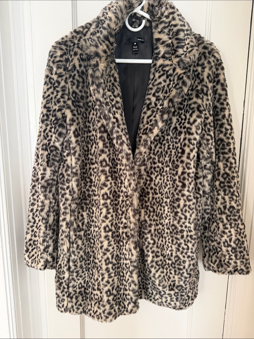 Aqua Faux Fur Leopard Teddy Coat in Black and Cream